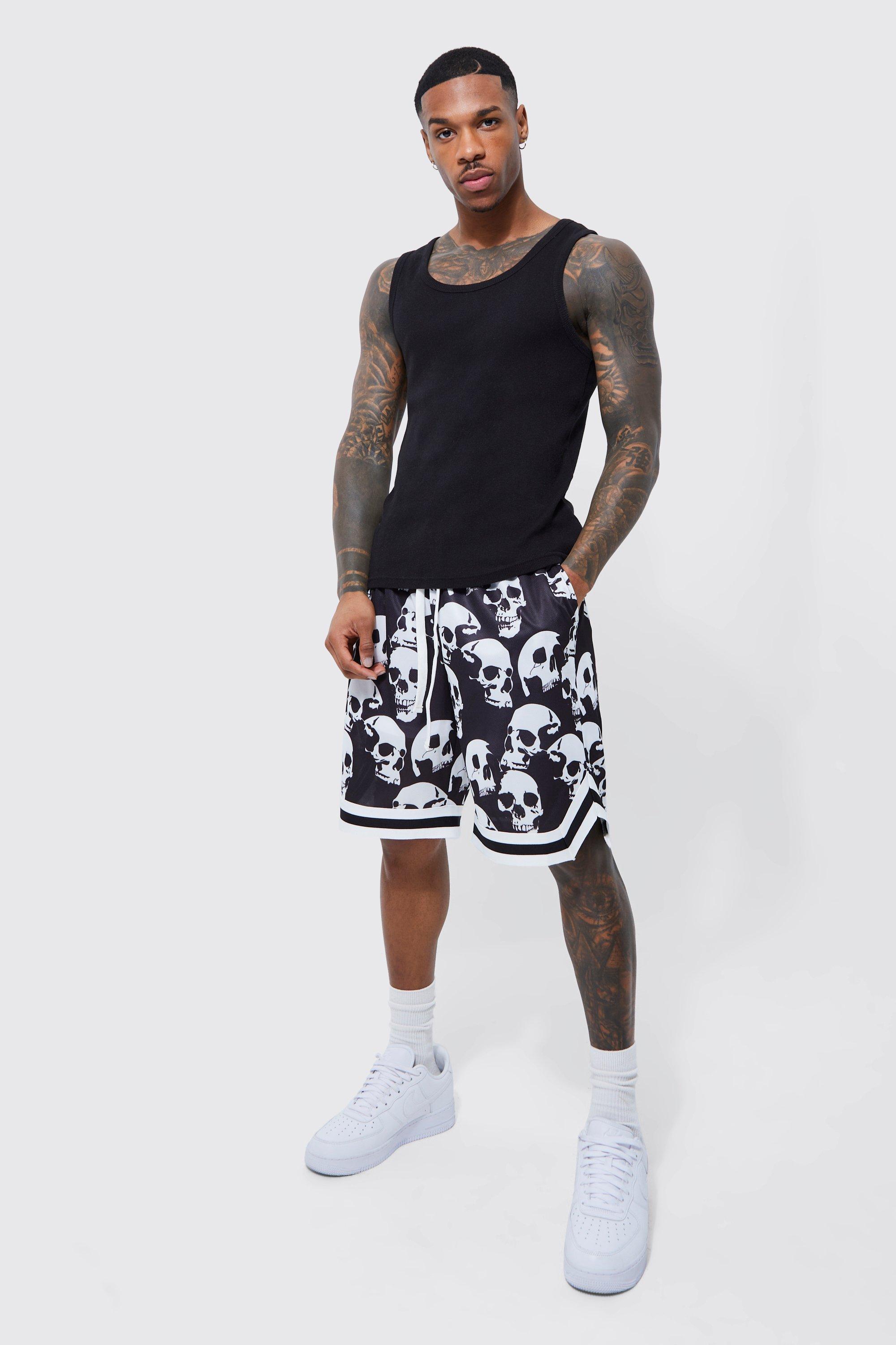 Loose Fit Skull Print Mesh Basketball Short