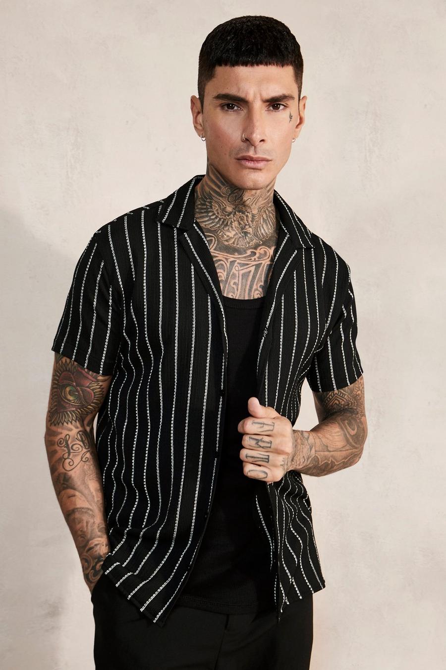 Black svart Short Sleeve Regular Drop Revere Stripe Shirt image number 1