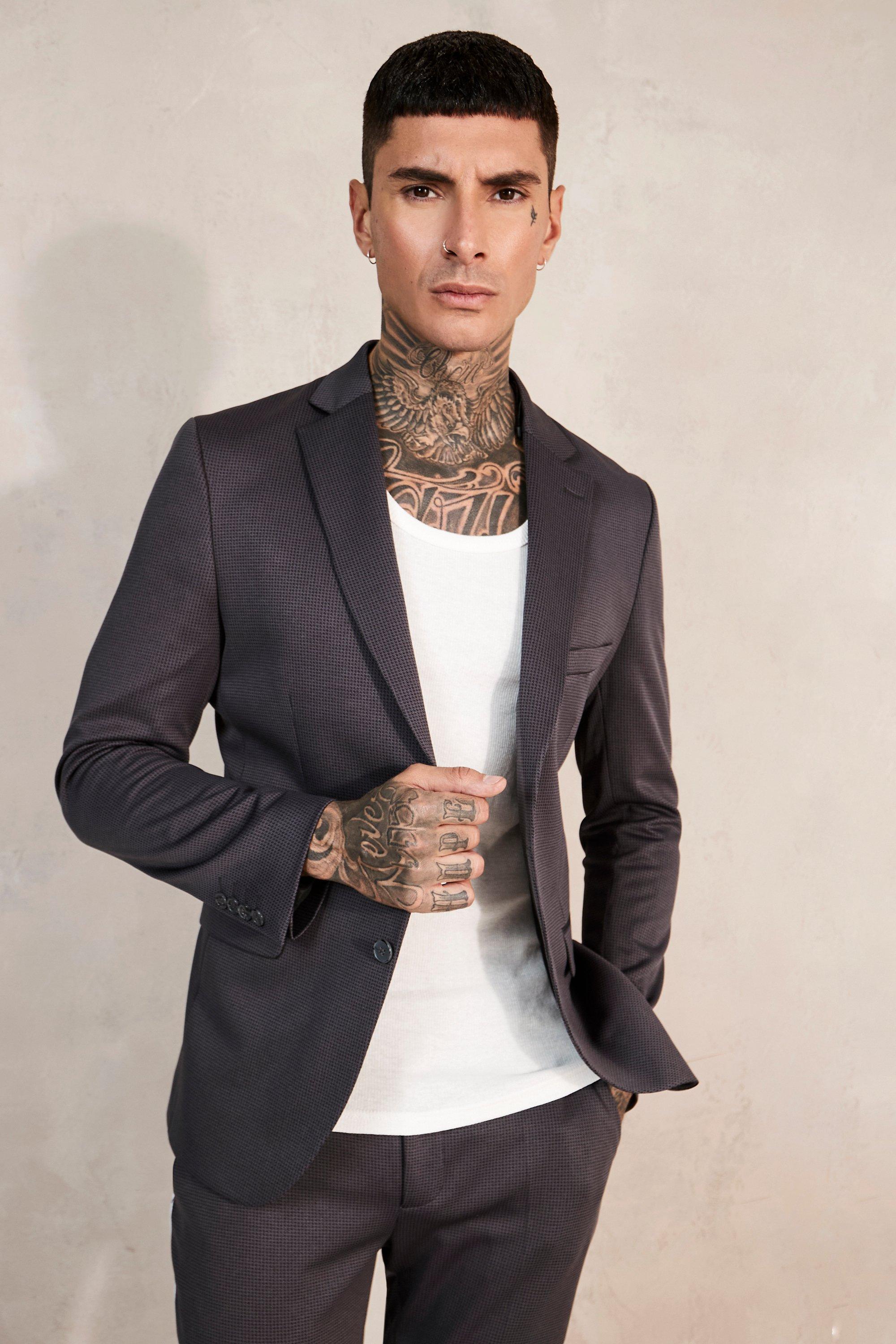 Black Skinny Single Breasted Dogstooth Suit Jacket