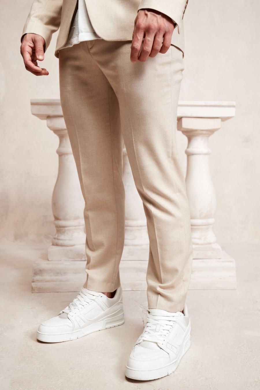 Beige Slim Cropped Pique Suit Trousers image number 1
