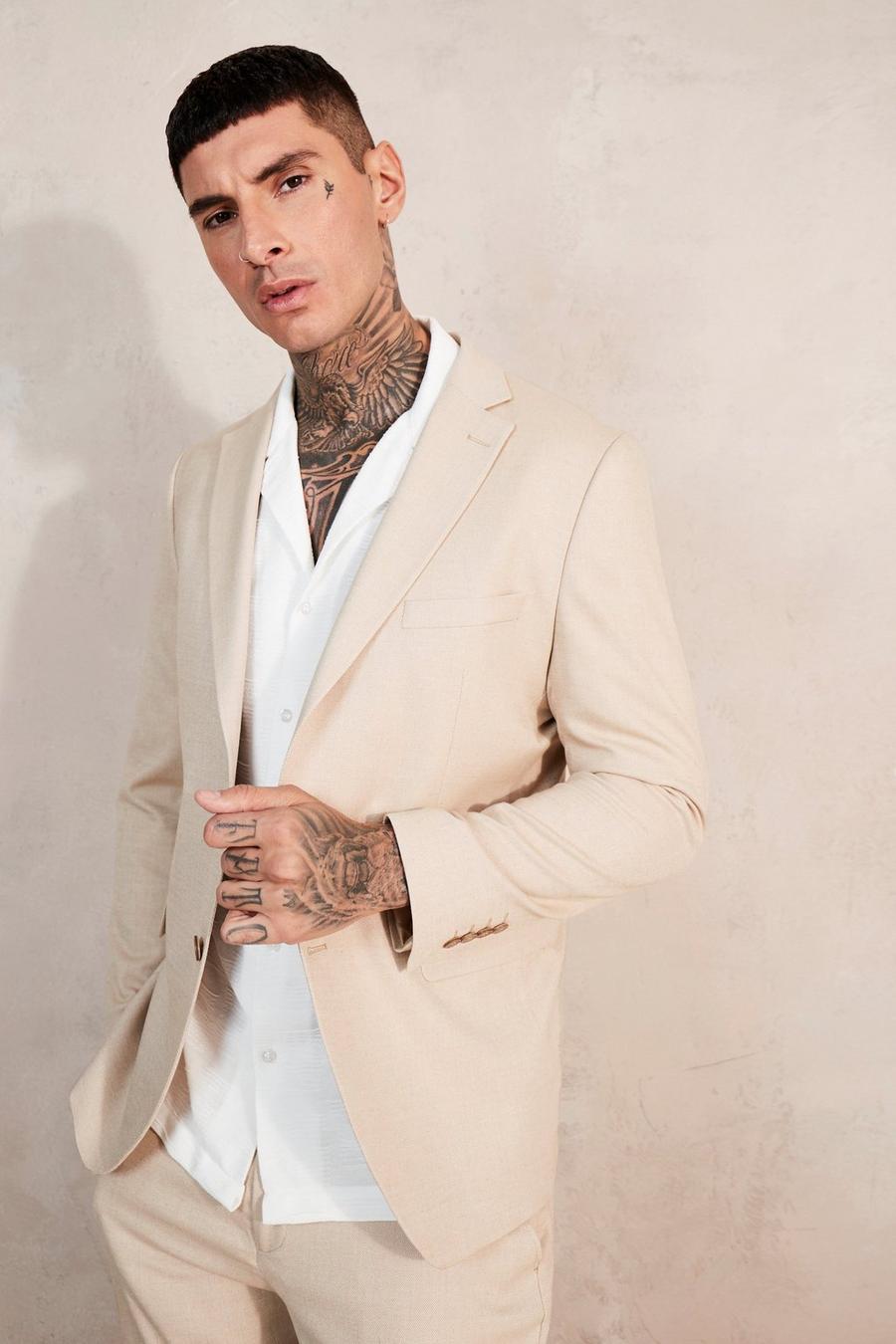 Beige Slim Single Breasted Pique Suit Jacket