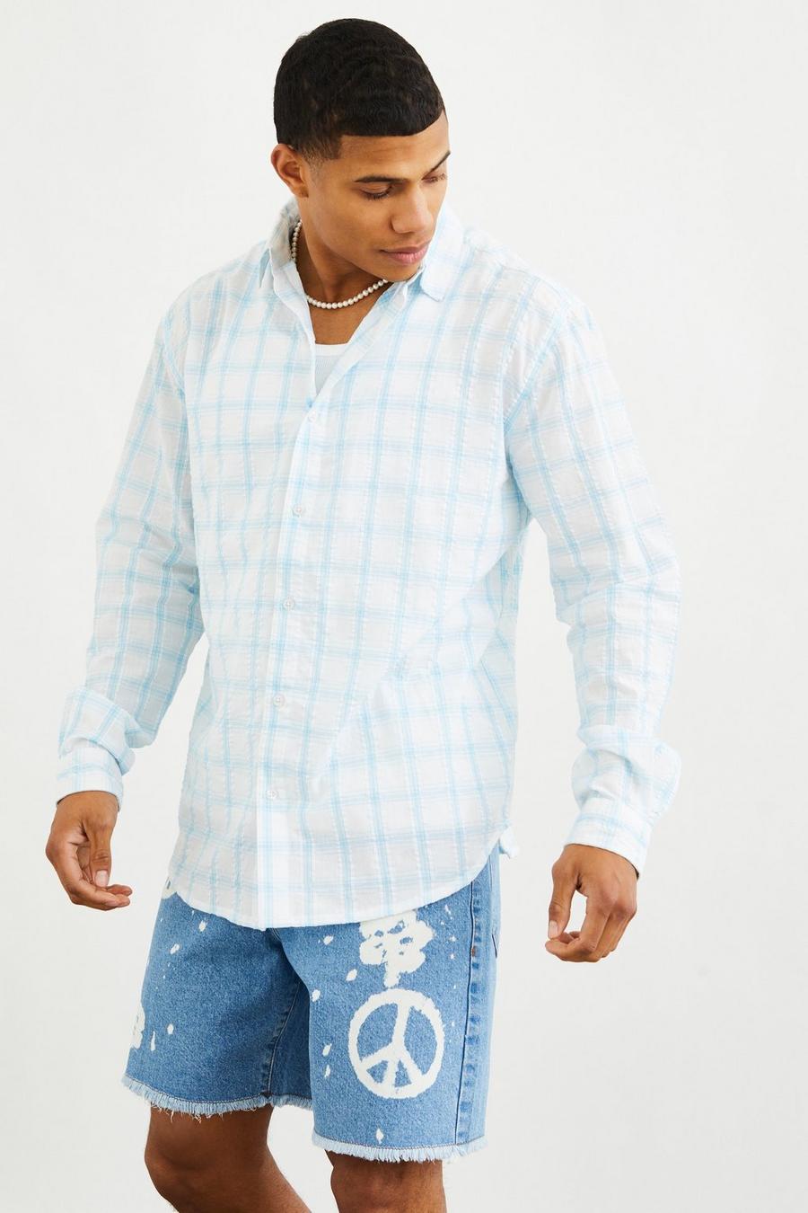 Long Sleeve Oversized Cotton Gingham Shirt, Blue azzurro image number 1