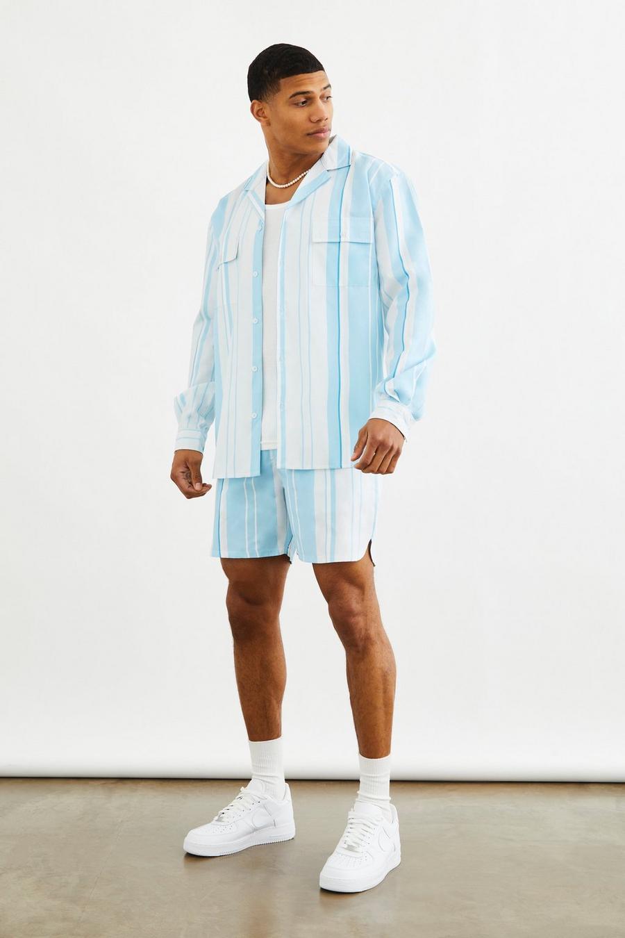 Light blue Long Sleeve Cotton Stripe Shirt And Short Set image number 1