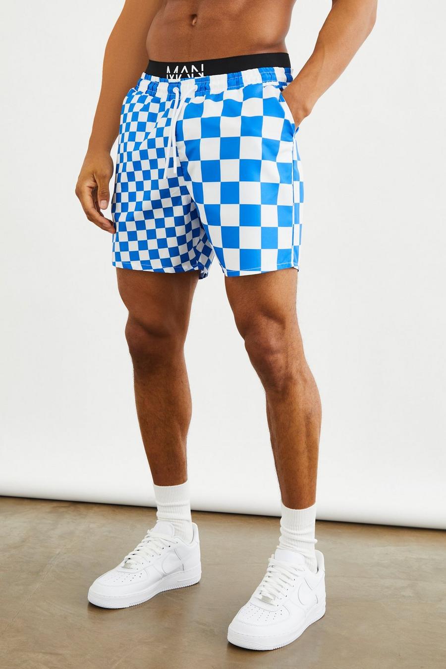 Mid Length Checkboard Waistband Swim Shorts, Cobalt blue