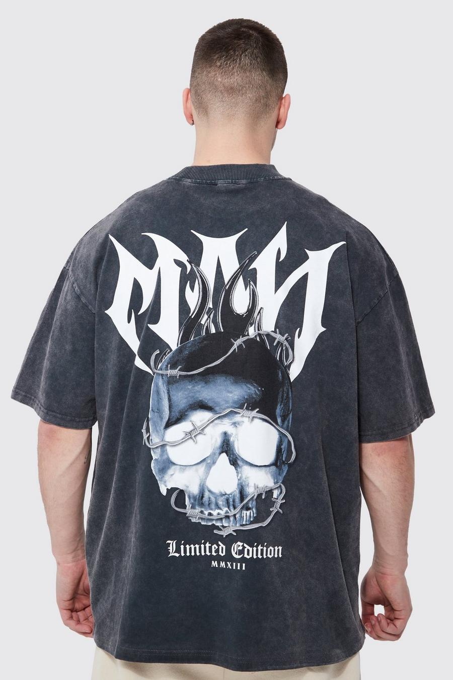 Black Tall Oversized Boxy Acid Wash Skull T-shirt 