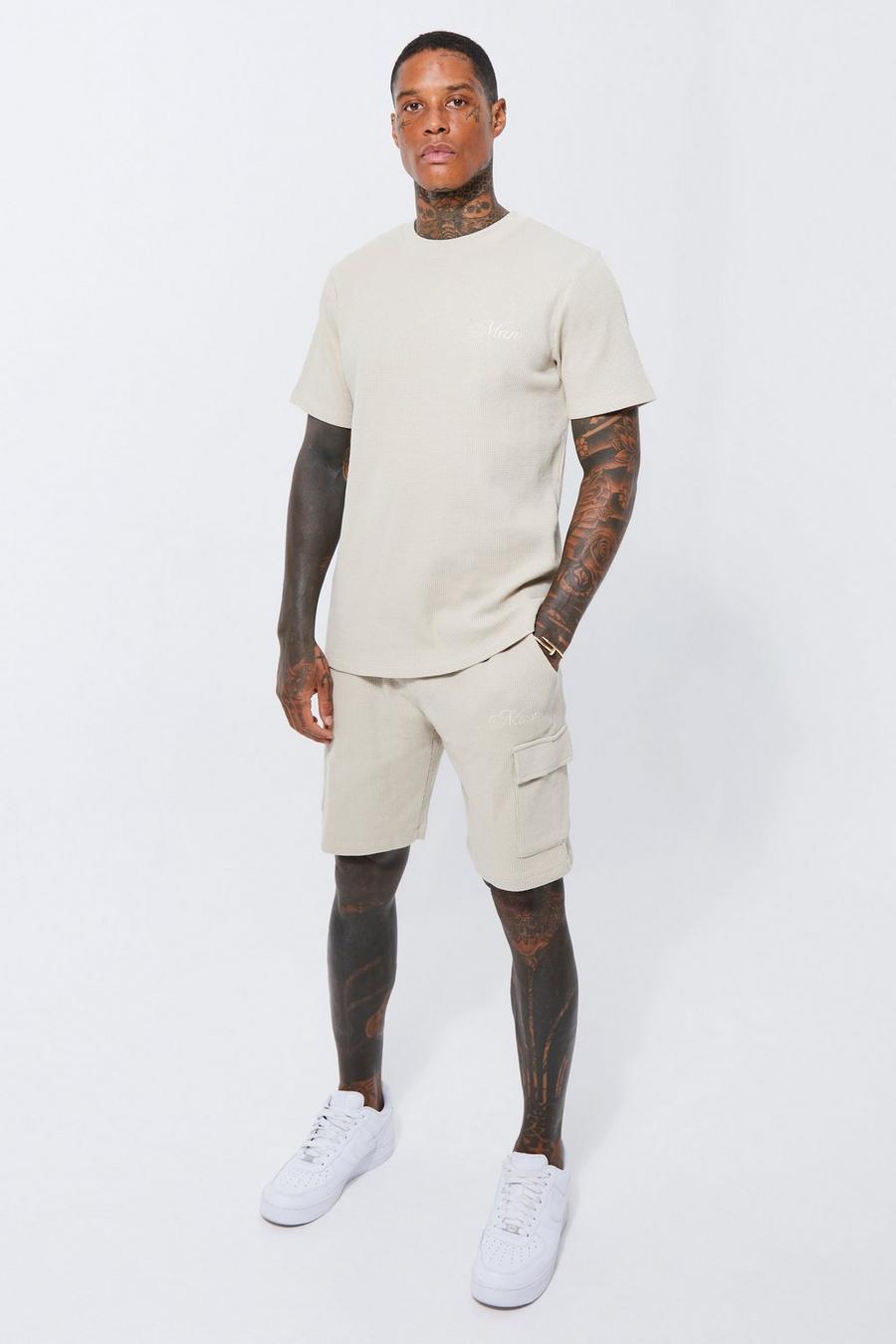 Taupe Slim Waffle T-shirt Cargo Short Set image number 1