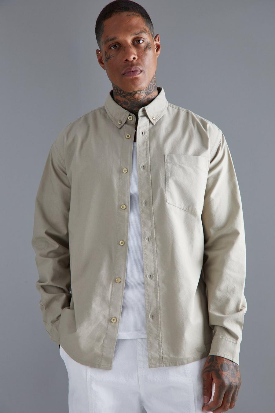 Stone beige Relaxed Fit Long Sleeve Oxford Shirt