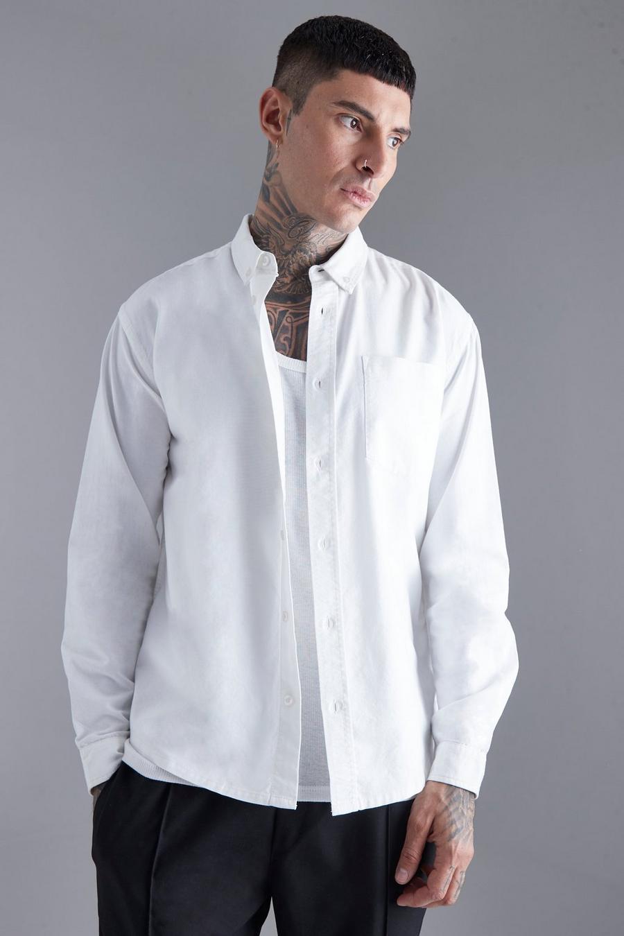 Relaxed Fit Long Sleeve Oxford Shirt, White blanco