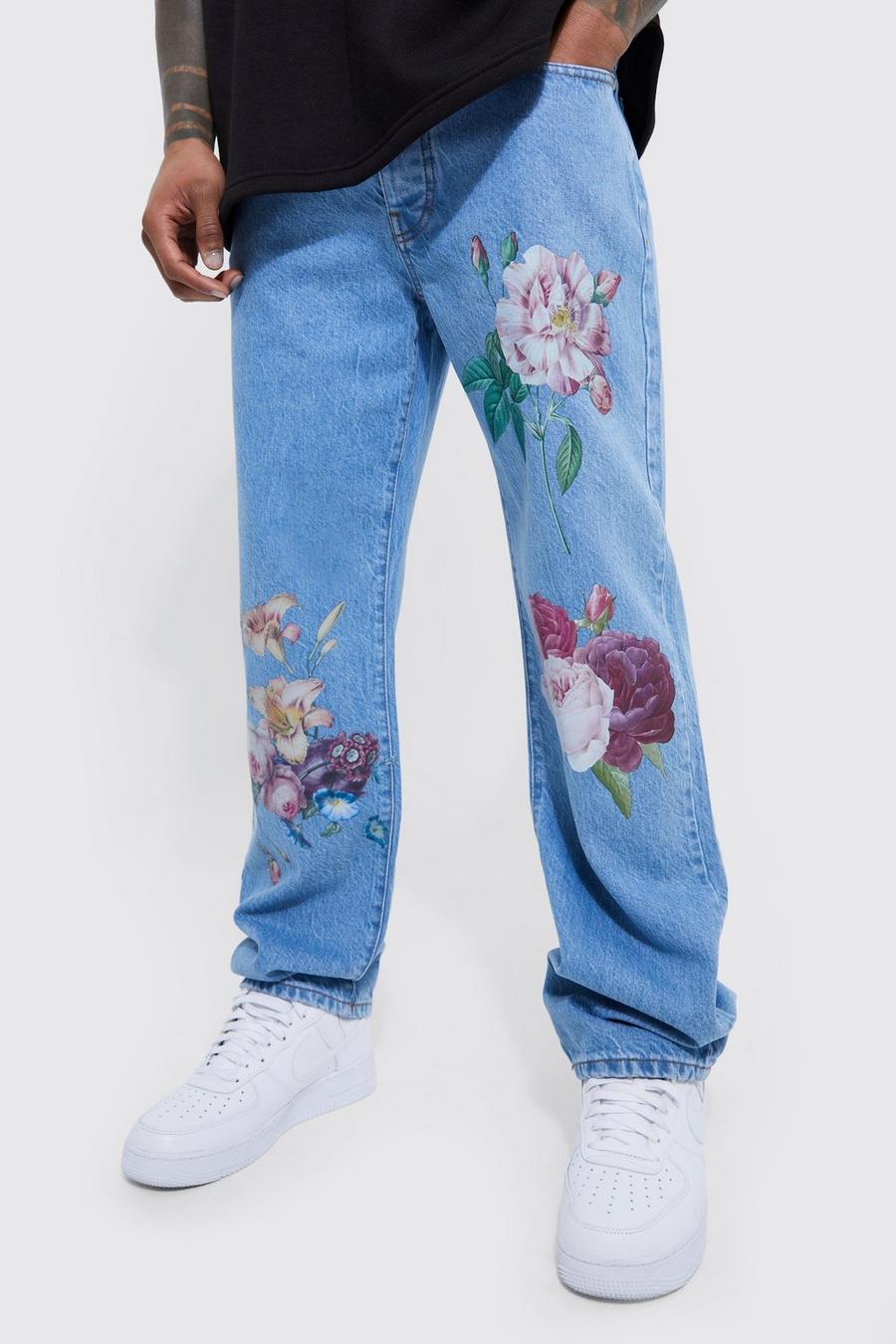 Jeans rilassati con stampa a fiori, Light blue azzurro