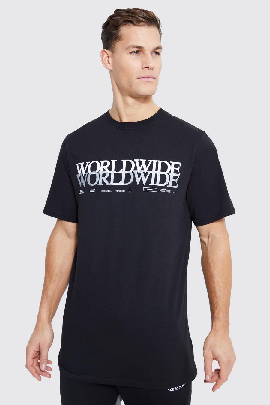 Black Tall Long Line Worldwide T-Shirt Met Tekst