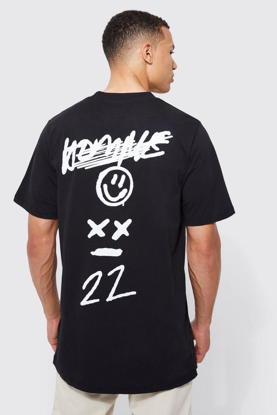 Black Tall Long Line Graffiti T-Shirt Met Brede Nek image number 1