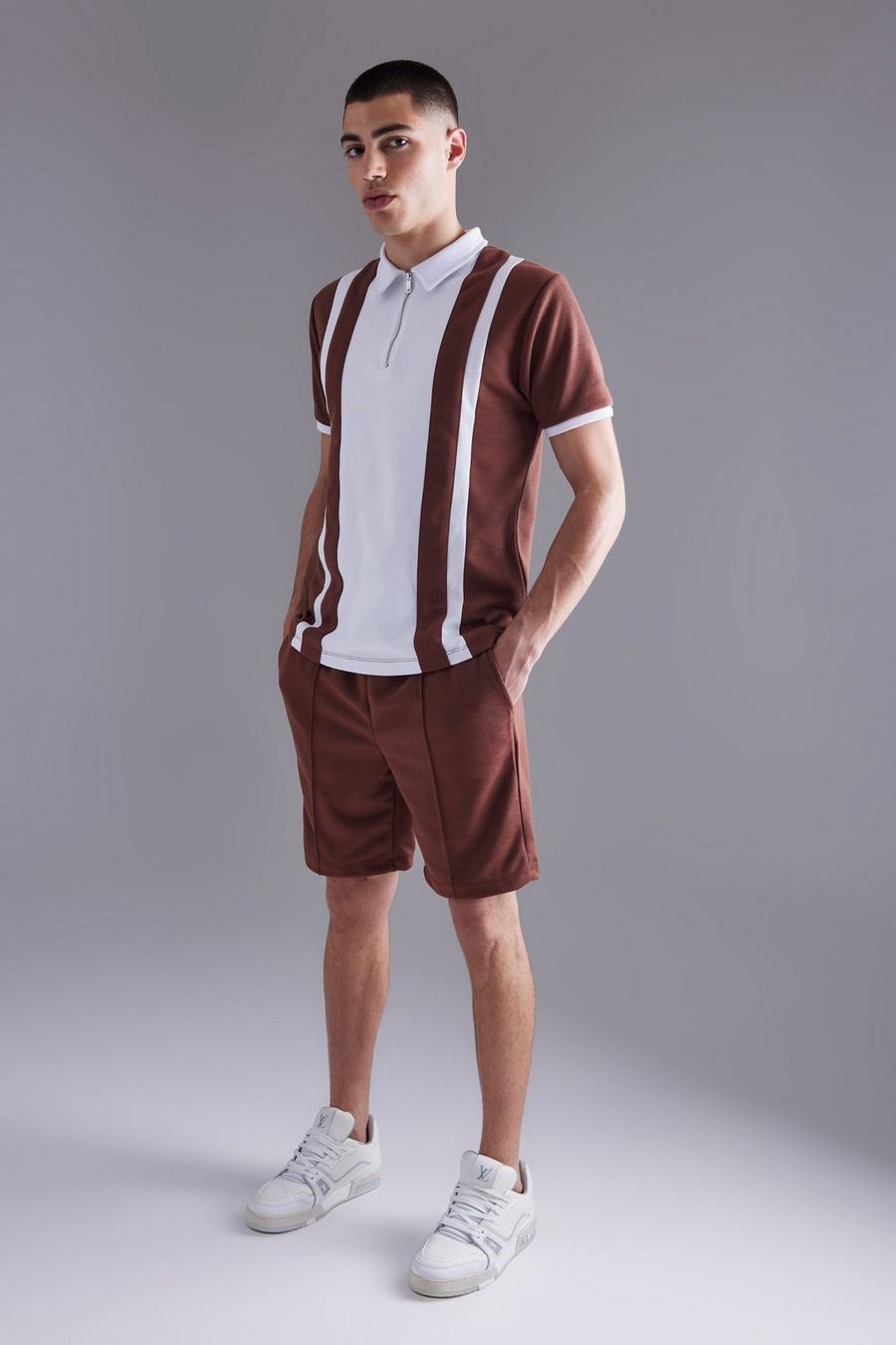 Slim-Fit Kontrast Poloshirt und Shorts, Chocolate brown