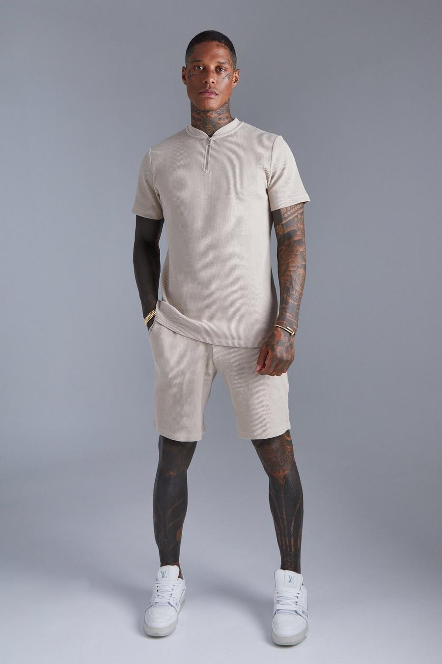 Taupe Slim Fit Waffle Bomber Neck Polo And Short Set image number 1