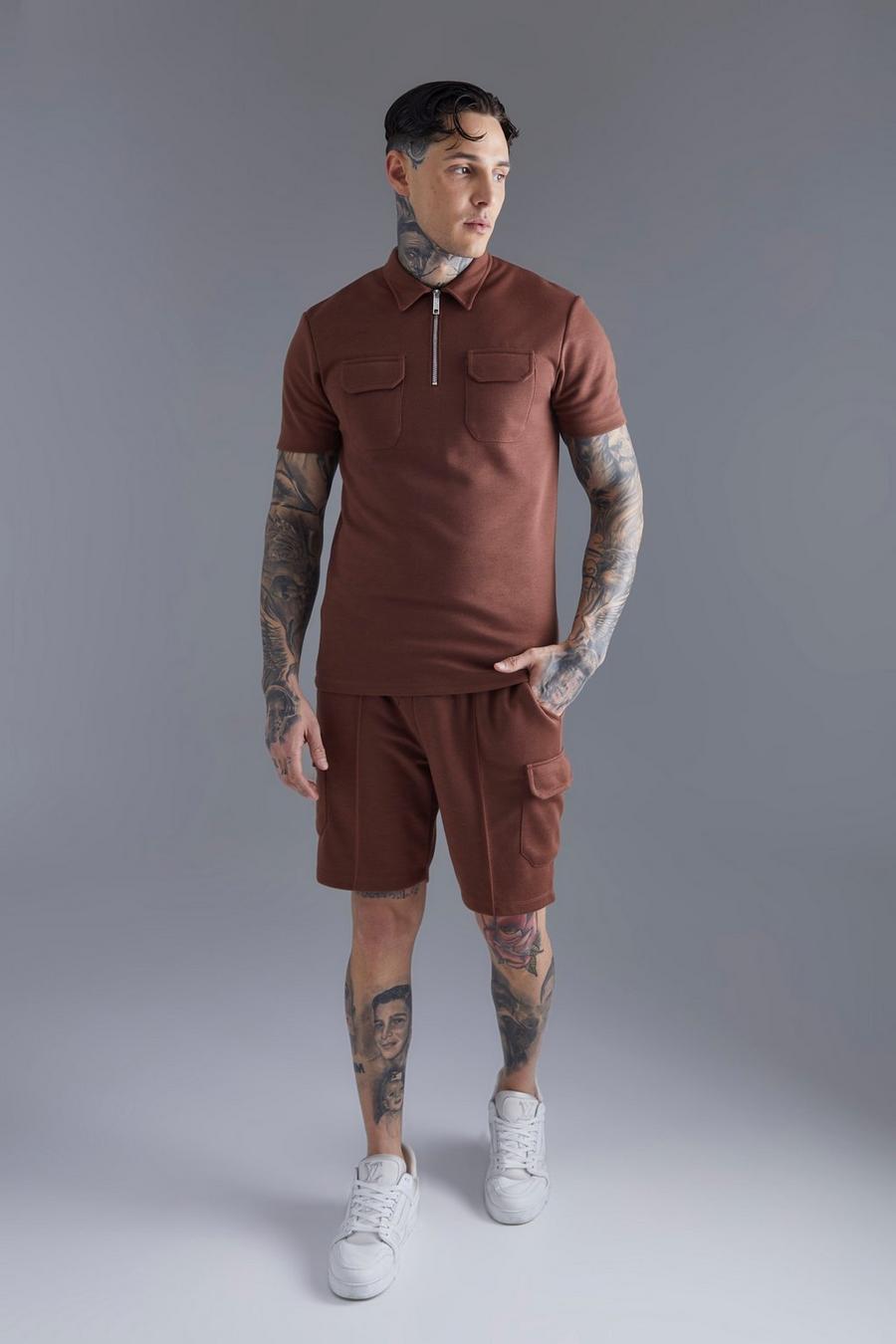 Slim Fit 1/4 Zip Polo And Cargo Short Set, Chocolate marrón image number 1