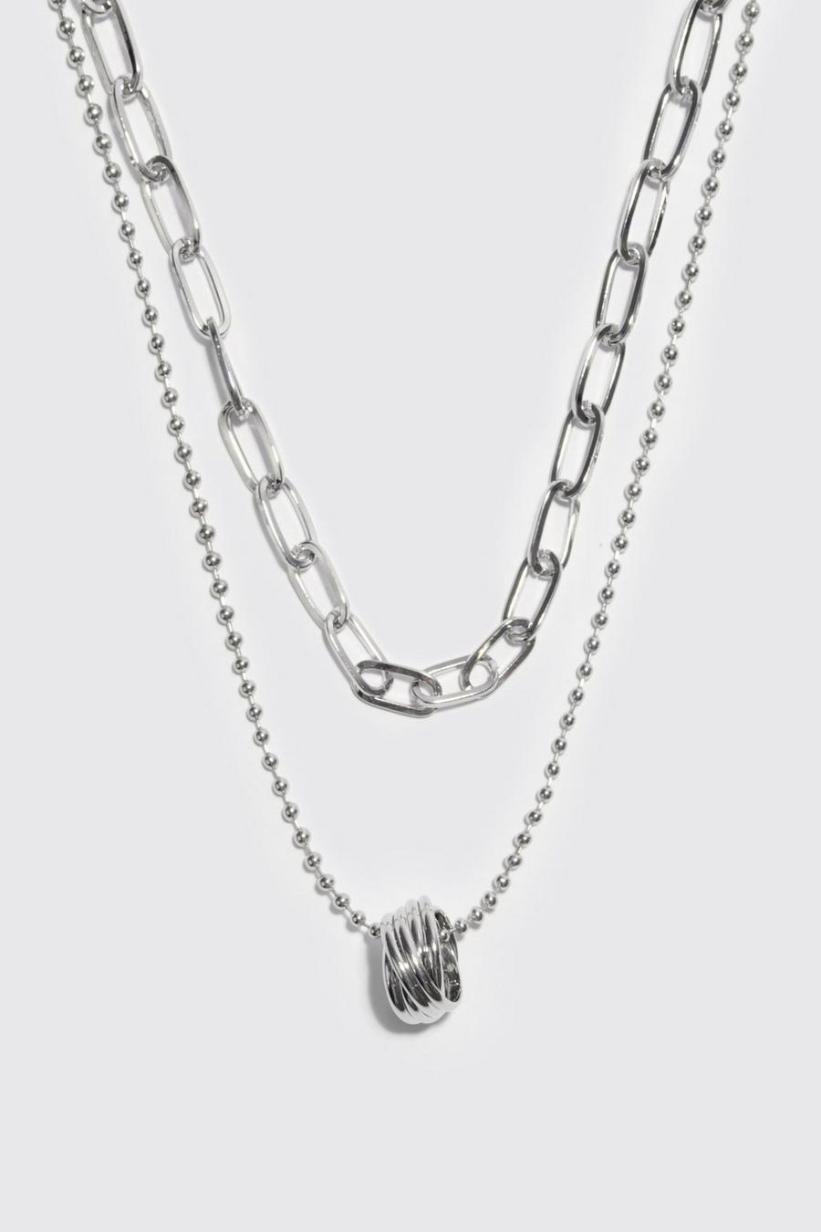 Silver Multi Layer Ring Pendant Chain Necklace
