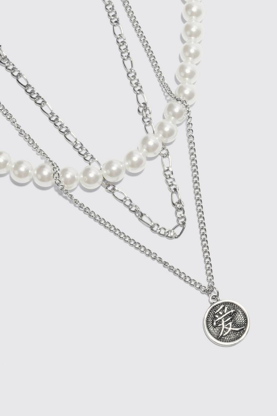 Silver Multi Layer Pendant Pearl Necklace