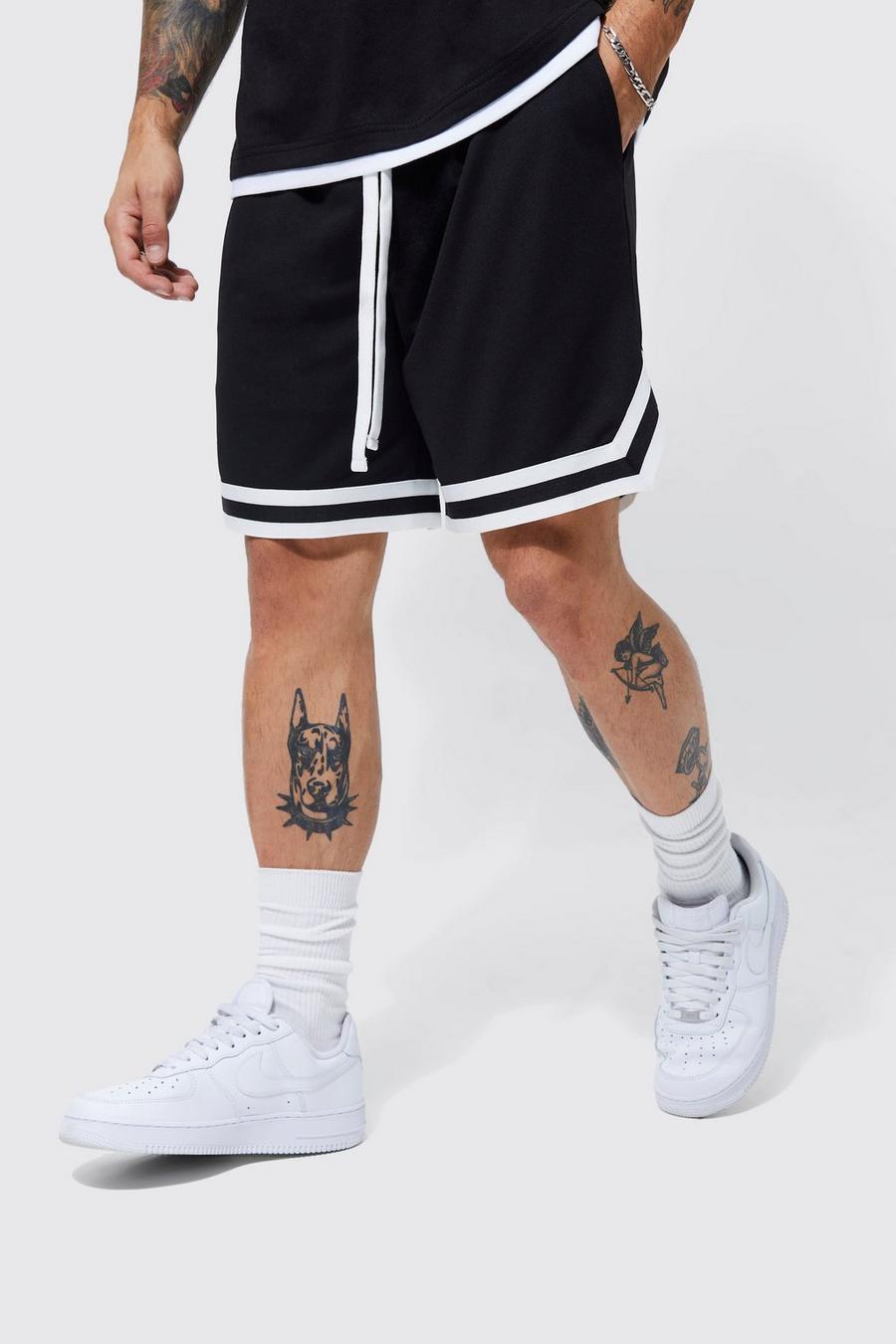 Black Oversized Short Length Mesh Basketball Shorts With Tape image number 1