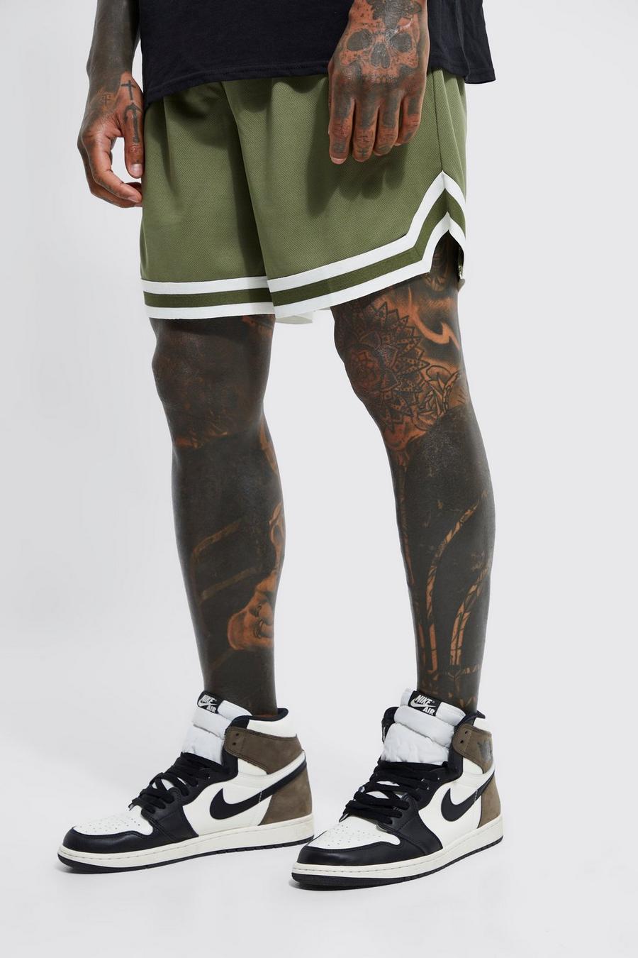 Khaki Oversized Short Length Mesh Basketball Shorts With Tape image number 1