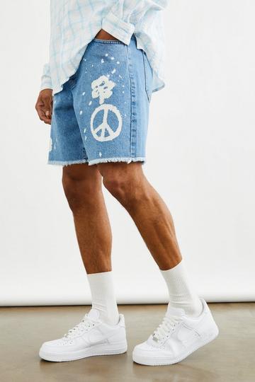 Blue Relaxed Fit Peace Laser Print Denim Shorts