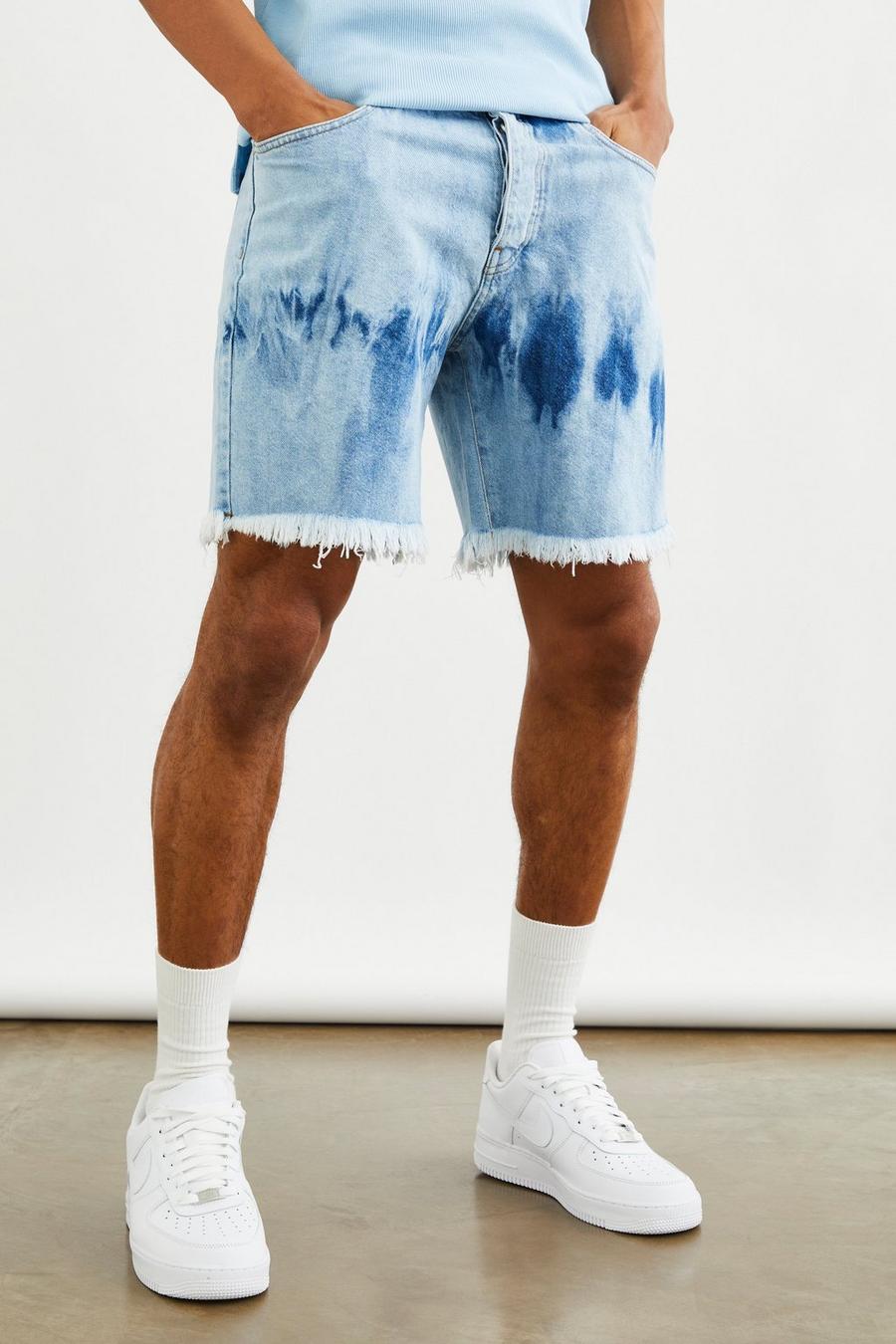 Light blue Relaxed Fit Bleached Raw Hem Denim Shorts image number 1