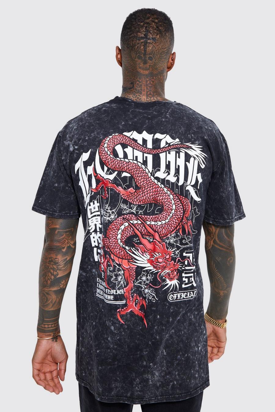 Black svart Oversized Dragon Acid Wash Graphic T-shirt