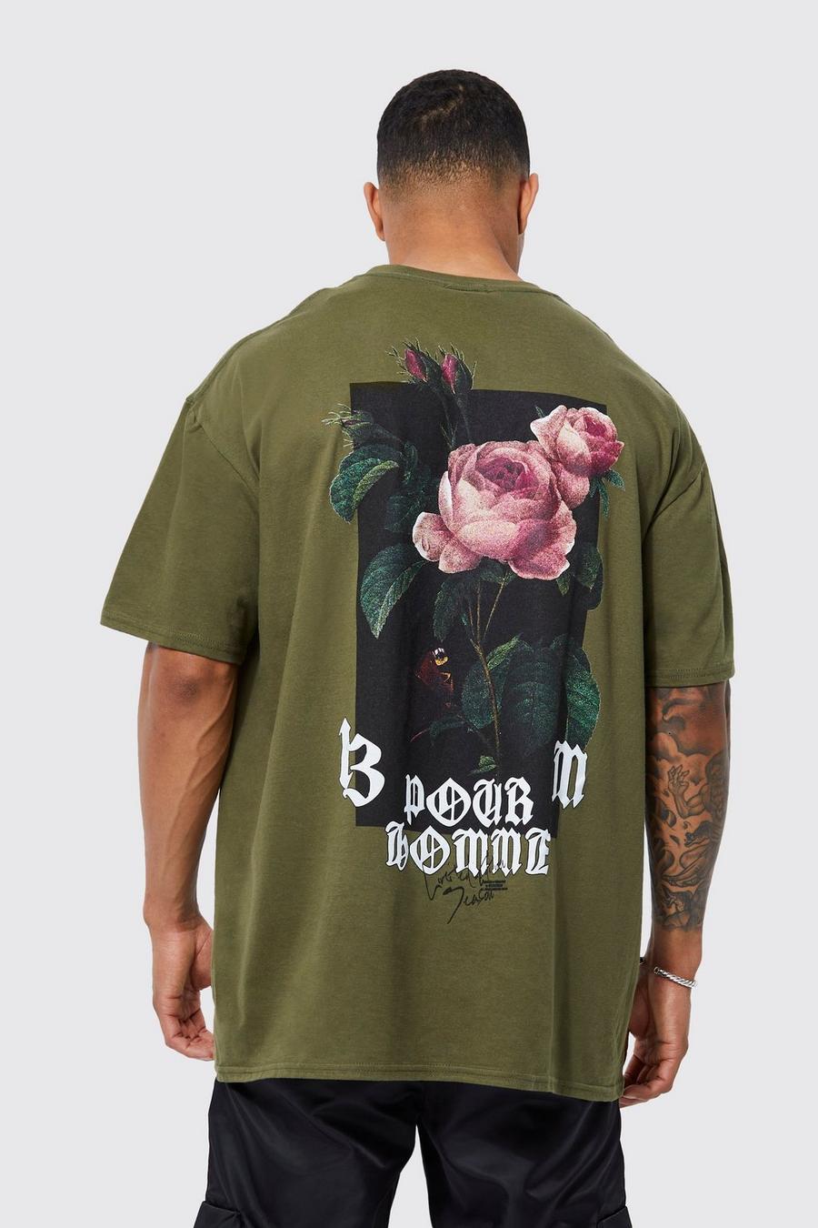 T-shirt oversize con grafica a fiori, Khaki kaki