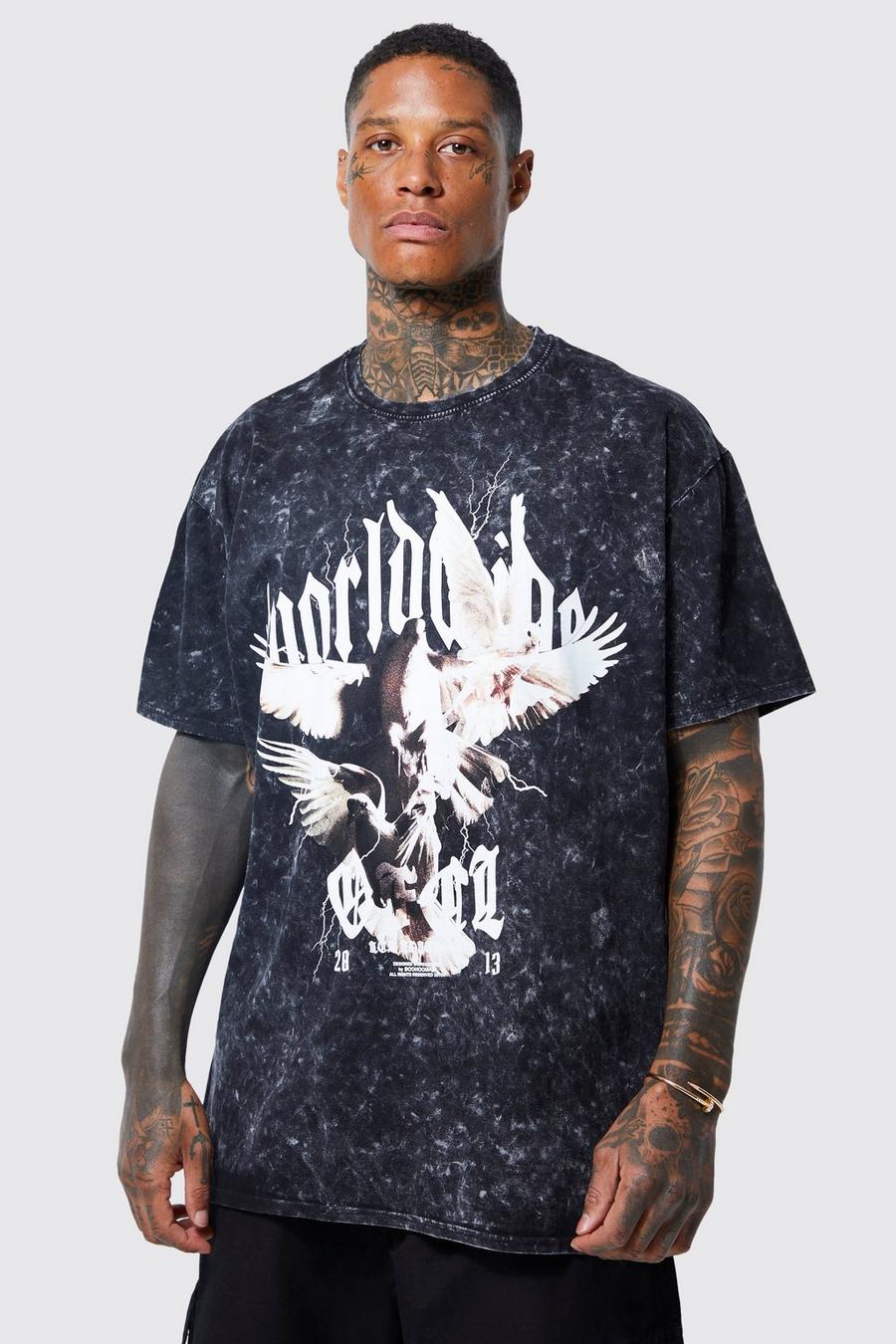 Black Oversized Bird Acid Wash Graphic T-shirt image number 1