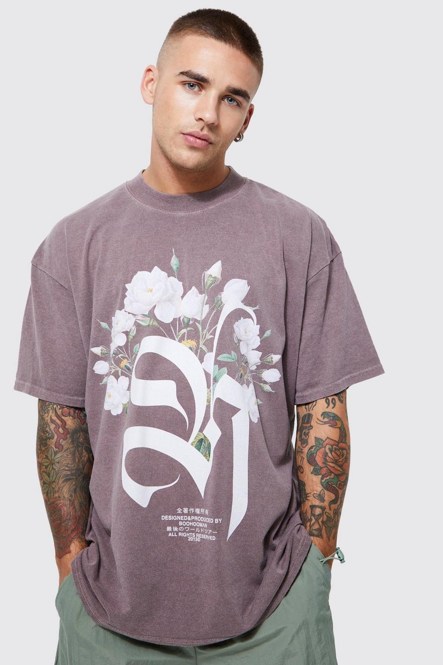 Coffee brown Oversized M Floral Overdye Graphic T-shirt