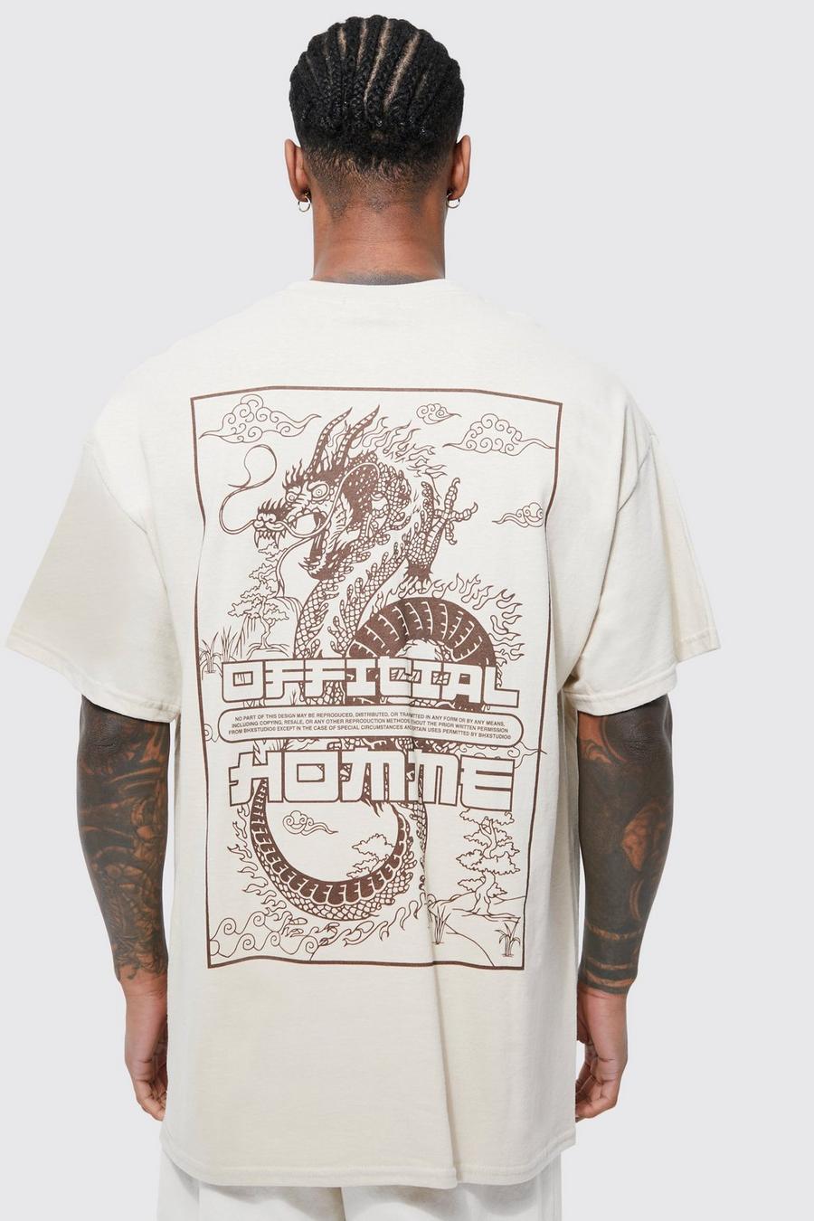 T-shirt oversize con grafica di drago, Sand beis image number 1