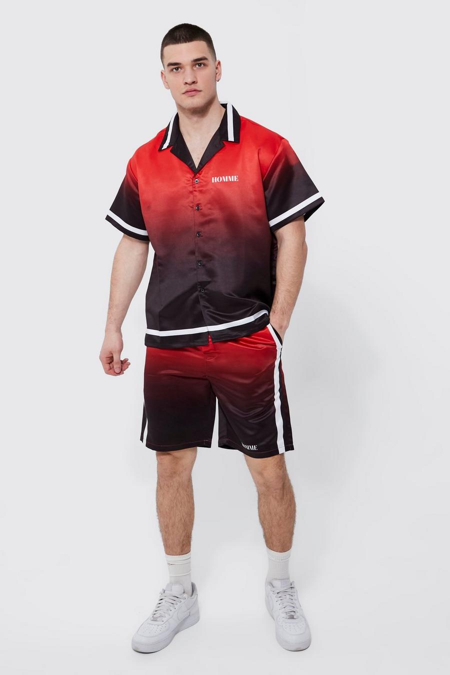 Conjunto Tall de pantalón corto y camisa recta de raso, Red image number 1
