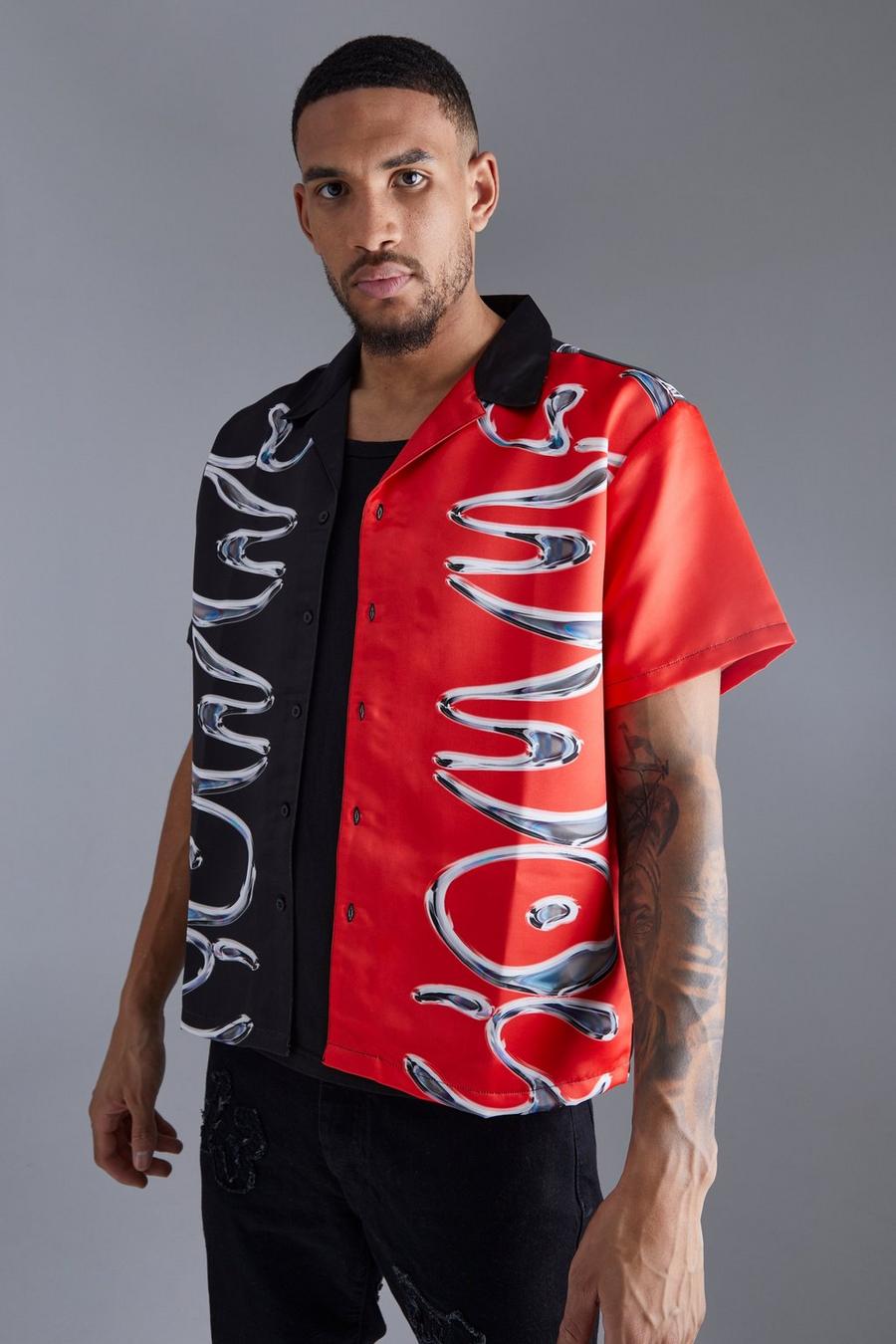 Red Tall Boxy Fit Spliced Graphic Satin Shirt