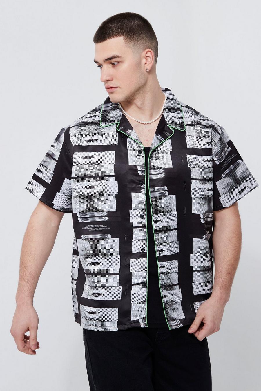 Camicia squadrata Tall in raso con stampa di foto, Black negro image number 1