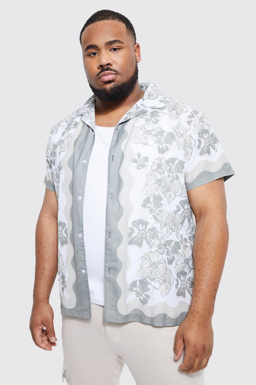 Camicia Plus Size Regular Fit in tessuto fiammato a fiori con bordi, Beige image number 1