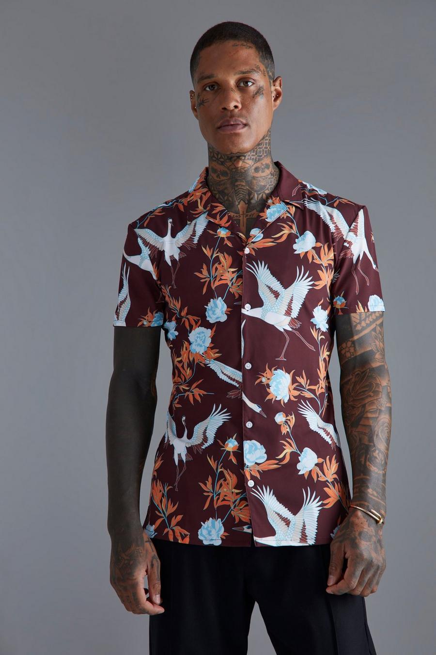 Brown Short Sleeve Floral Muscle Bird Shirt image number 1