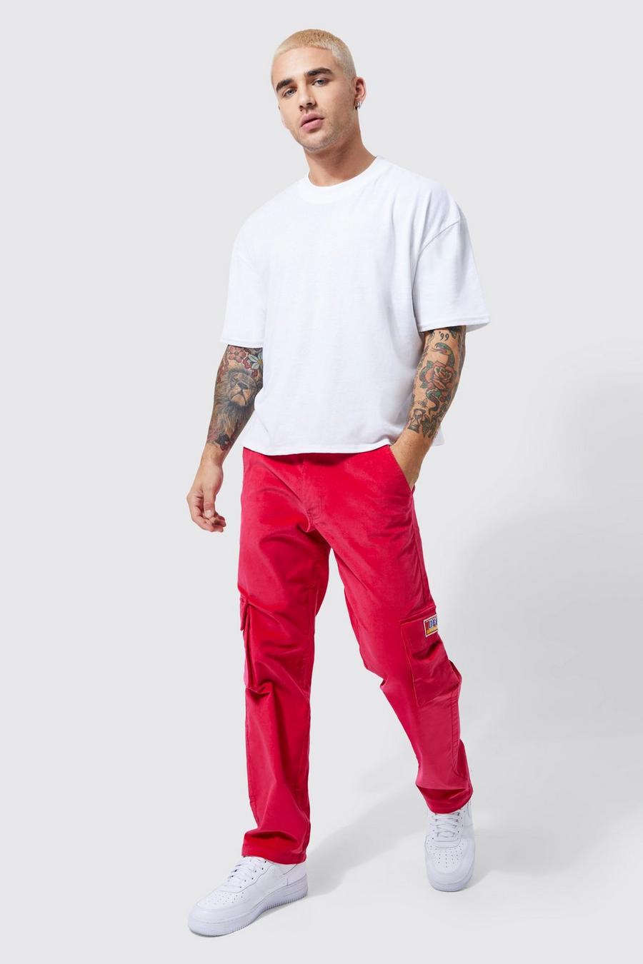 Hot pink Fixed Waist Straight Fit Ofcl Cord Cargo Trousers image number 1