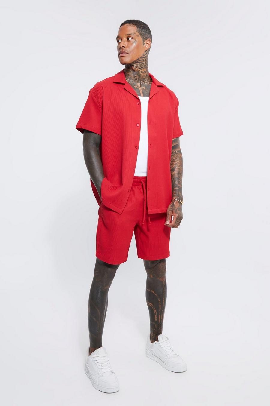 Red Pleated Oversized Shirt And Short Set image number 1