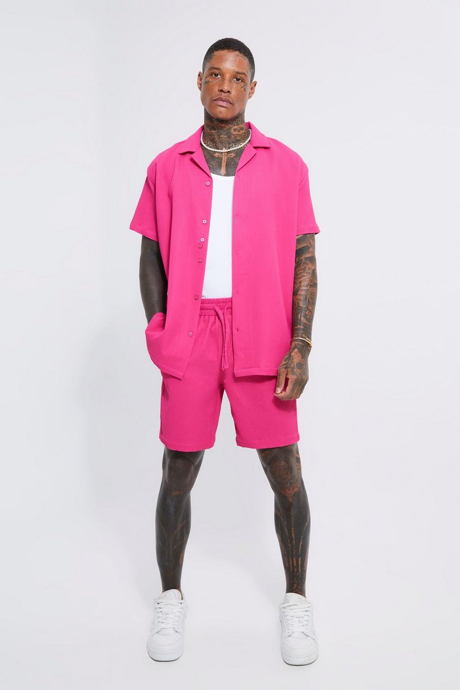 Fuchsia pink Pleated Oversized Shirt And Short Set