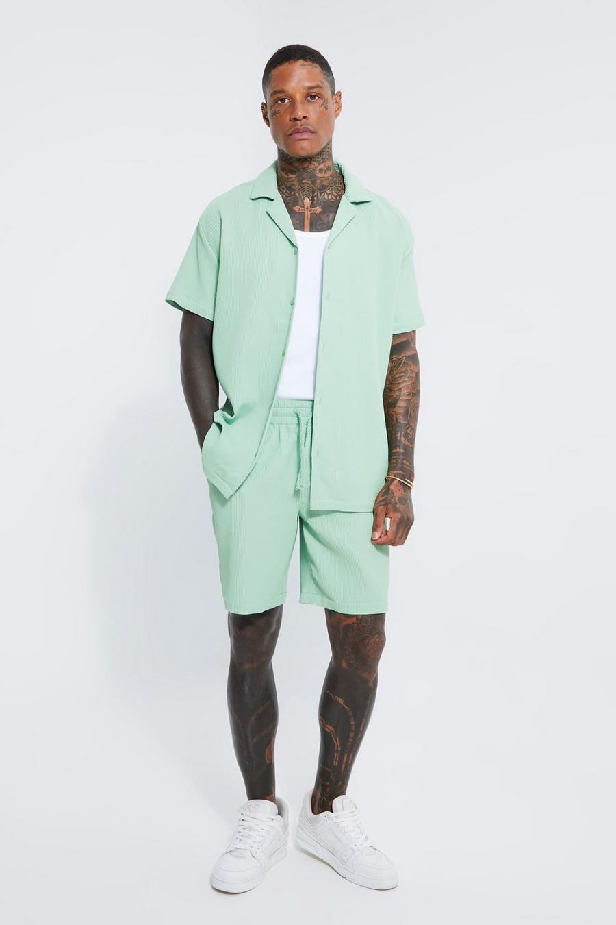 Sage verde Pleated Oversized Shirt And Short Set