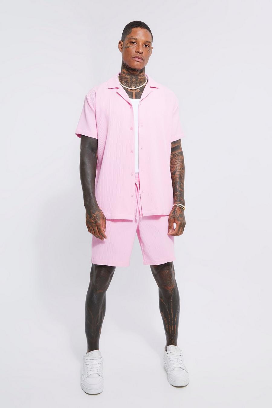 Pink Pleated Oversized Shirt And Short Set image number 1