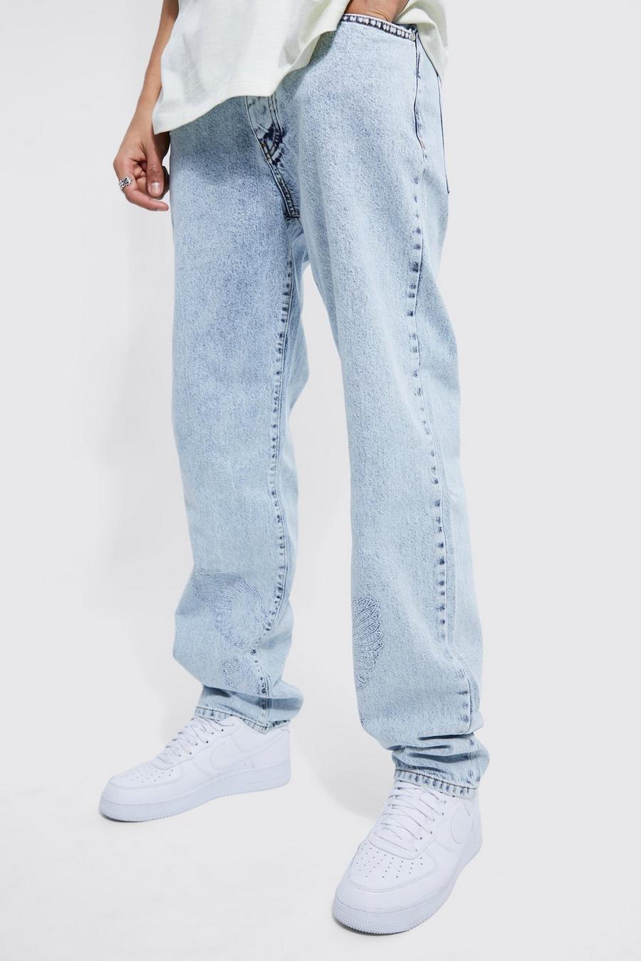 Ice blue Tall Relaxed Rigid Dove Embroidered Jean  image number 1