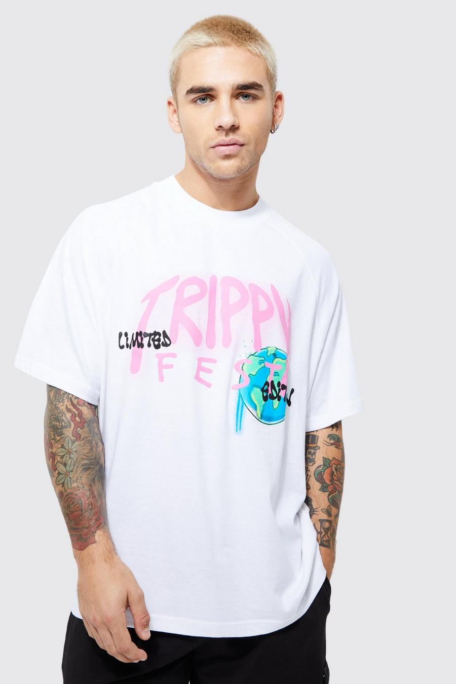 White Oversized Extended Neck Trippy Print T-shirt image number 1