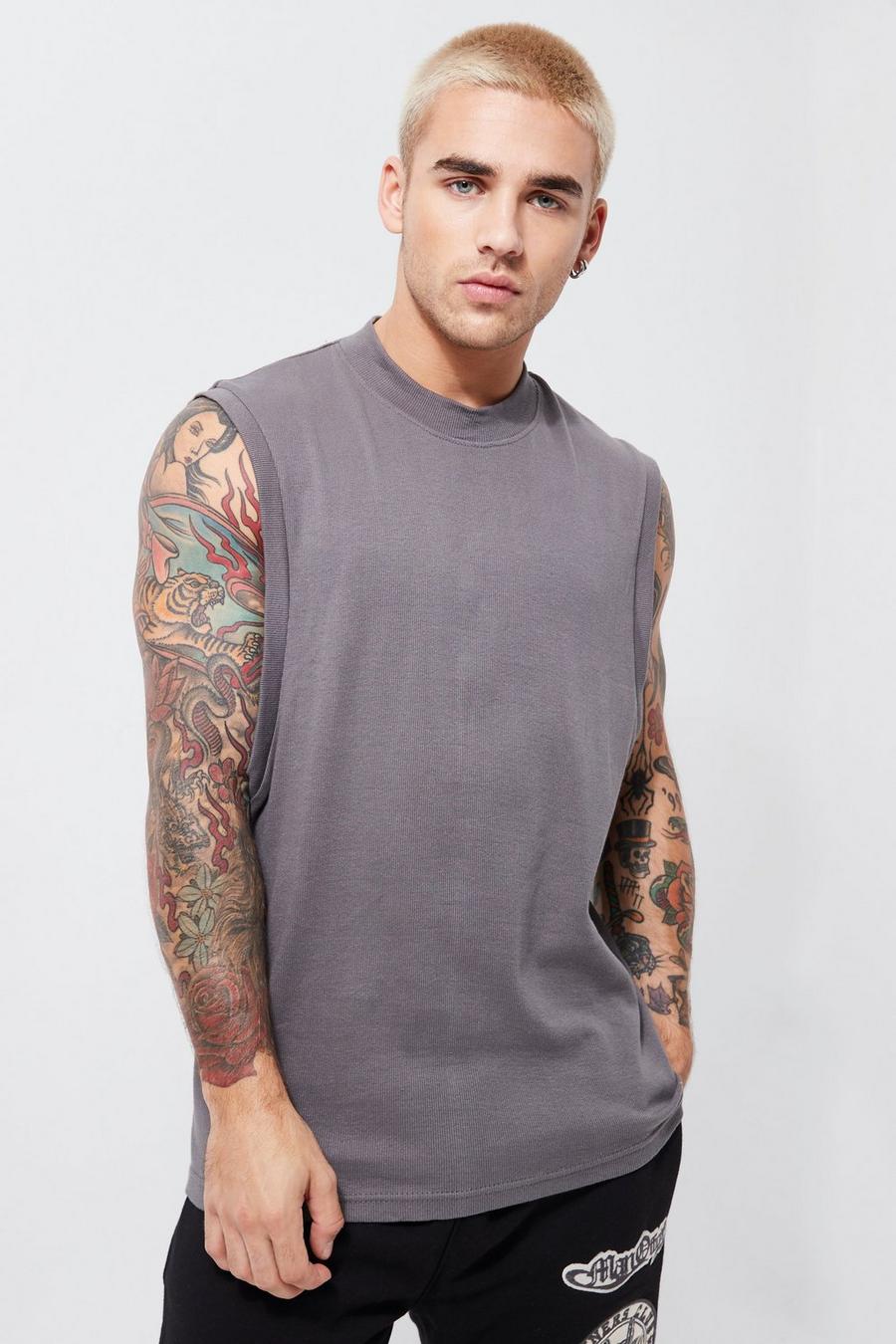 Charcoal grey Ribbed Extended Neck Tank 