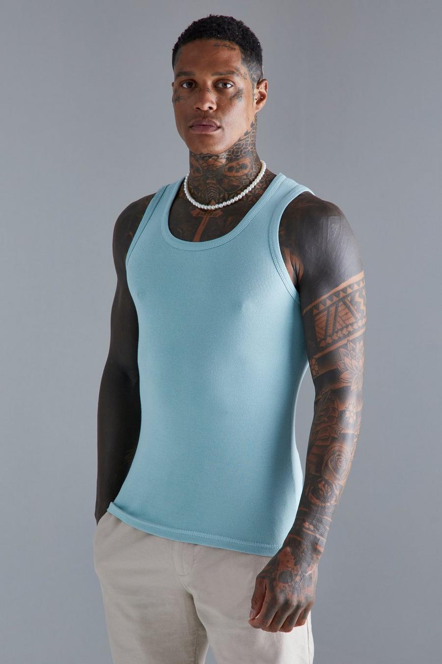 Dusty blue Muscle Fit Ribbed Vest  image number 1
