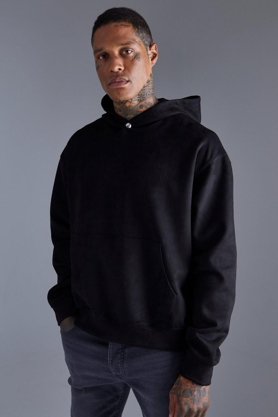 Black Oversized Boxy Faux Suede Hoodie image number 1