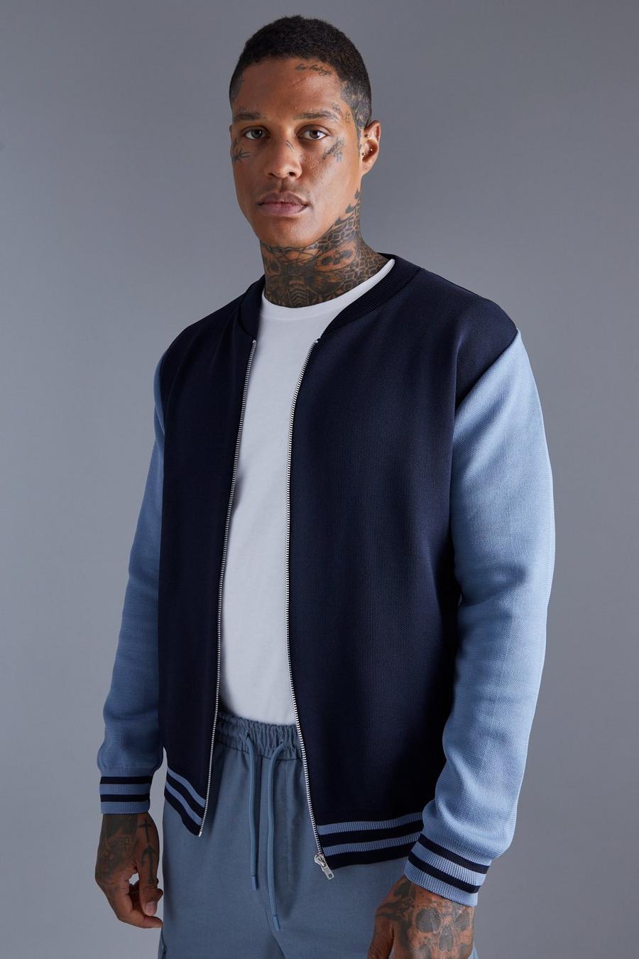 Navy Colourblock Smart Knitted Bomber image number 1