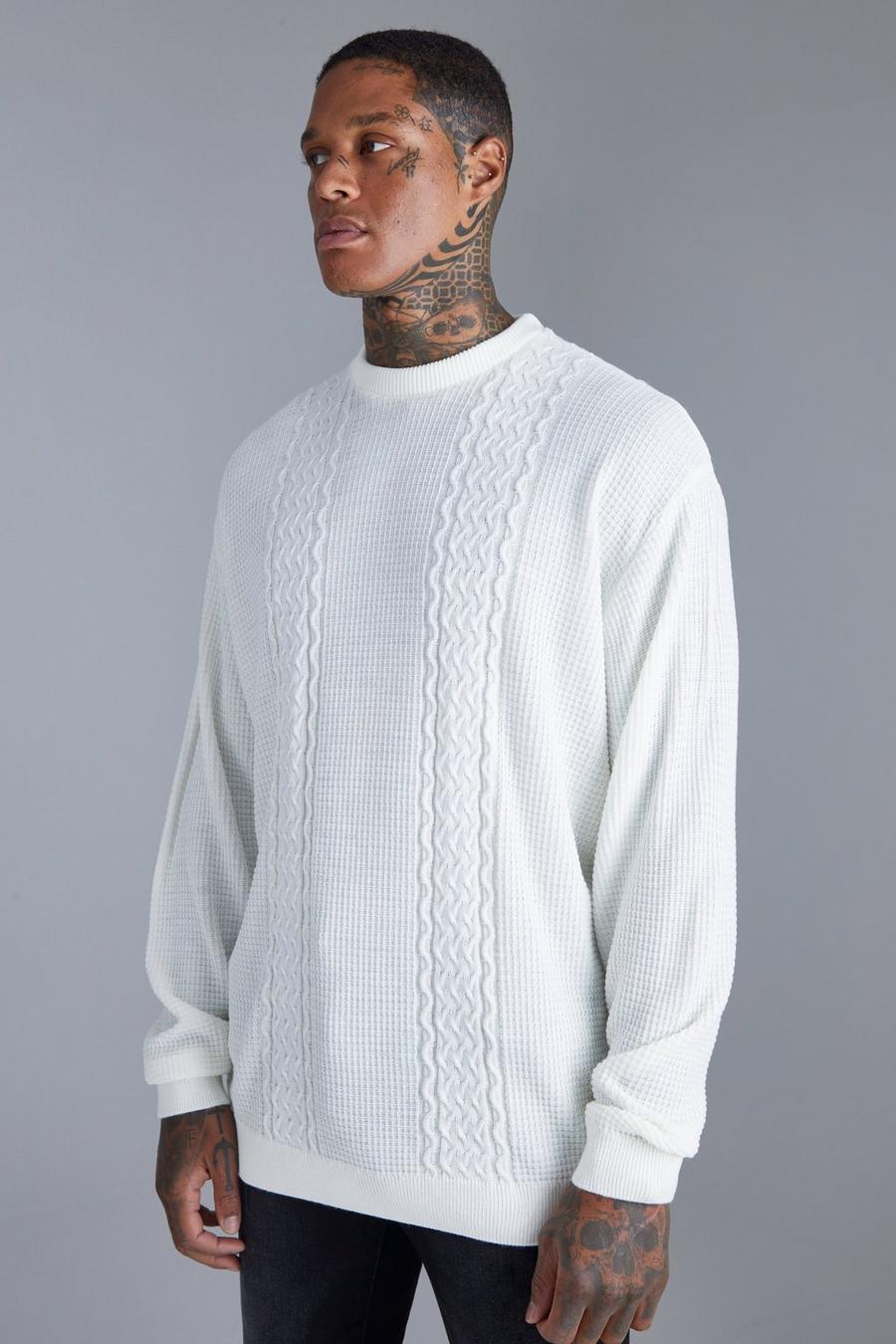 Cream white Oversized Crew Neck Cable Jumper image number 1