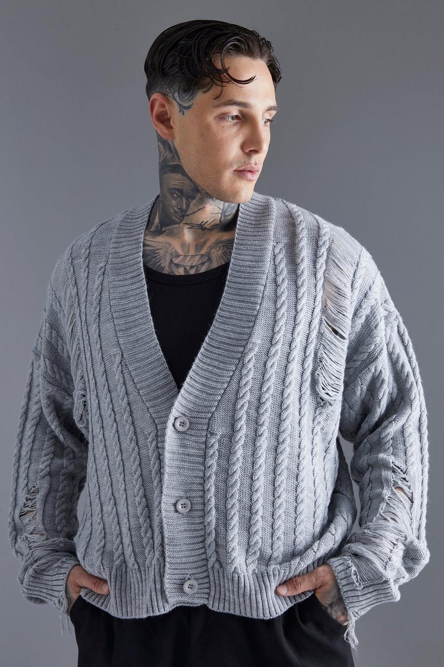 Cardigan squadrata in maglia traforata con smagliature, Grey gris