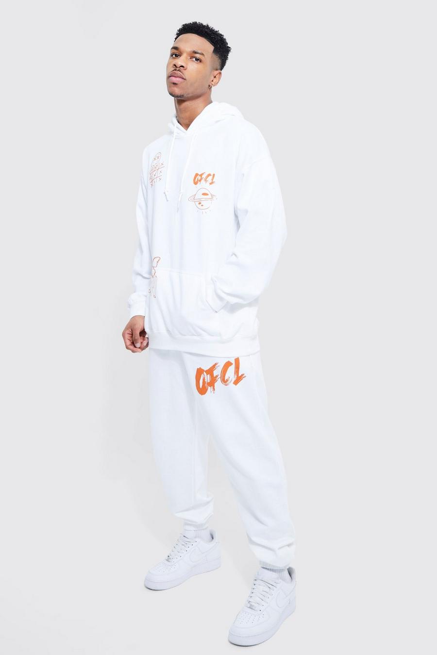 White Oversized Homme Skull Graphic Hooded Tracksuit image number 1