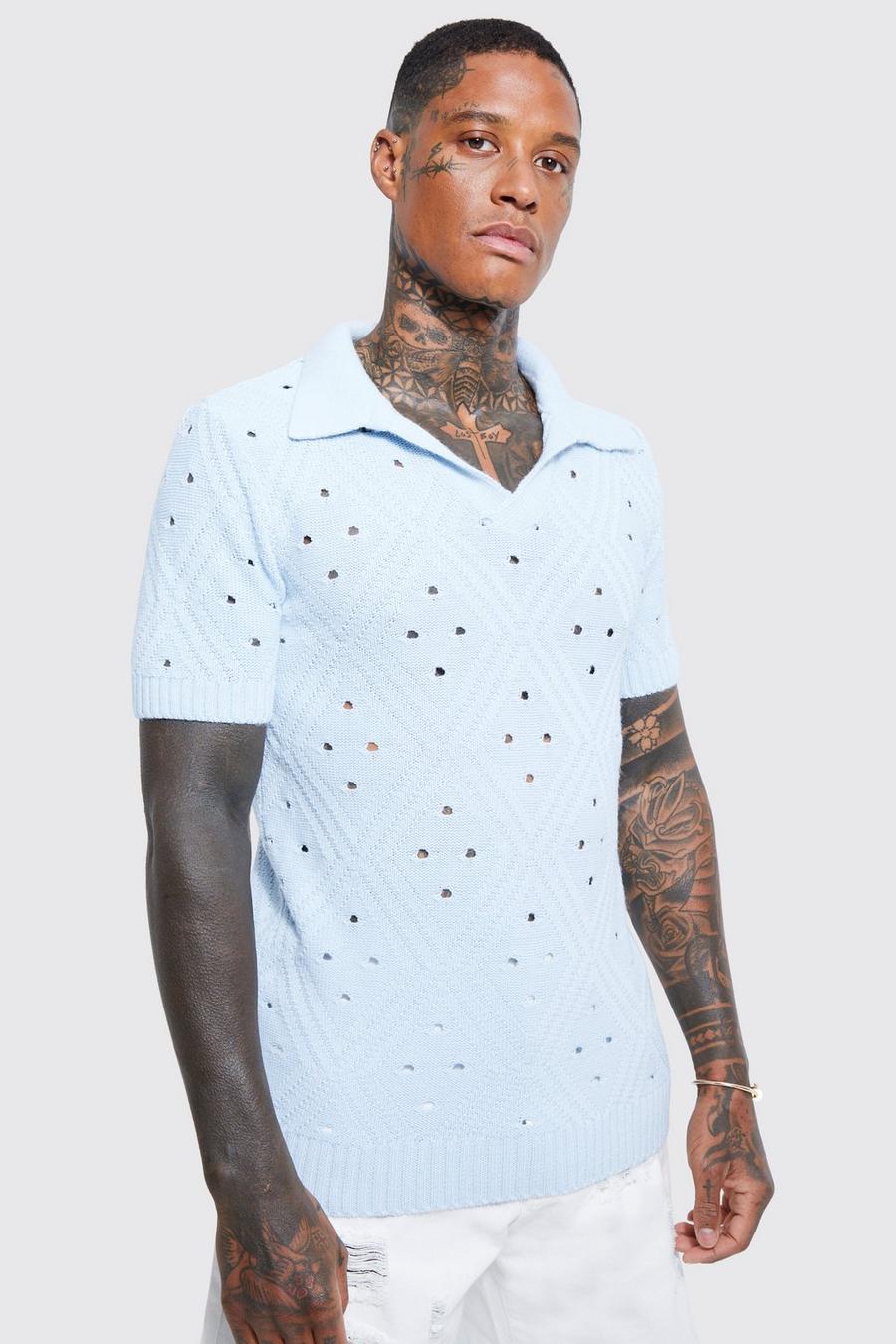 Pale blue Diamond Textured Revere Short Sleeve Polo image number 1