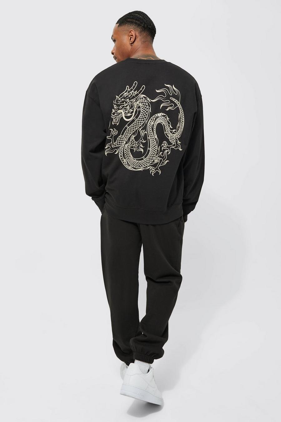 Black Oversized Dragon Print Sweatshirt Tracksuit